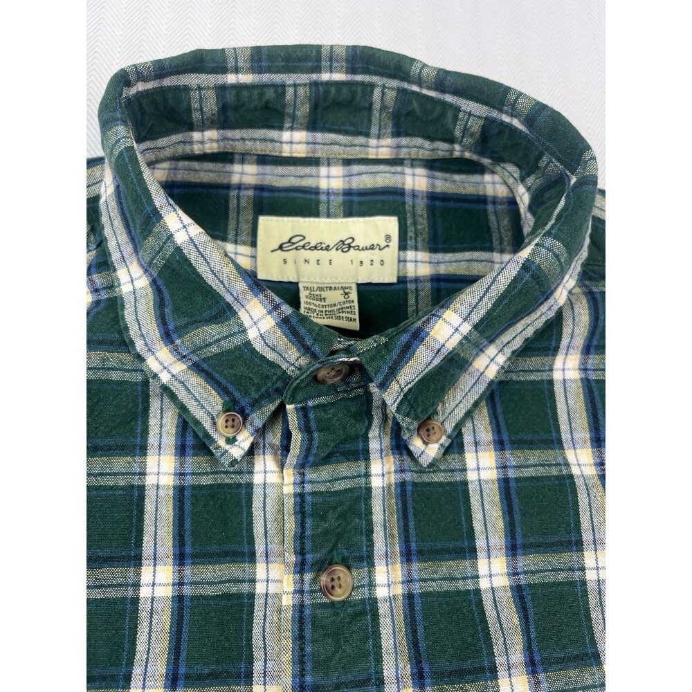 Eddie Bauer Mens L Tall Green Plaid Button Front Shirt 100% Cotton Preppy - Picture 3 of 8